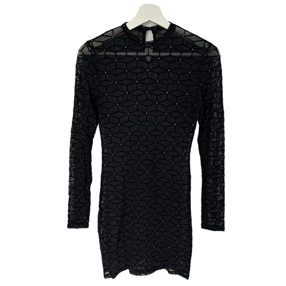 NWOT SHEIN SXY MOCK NECK GLITTER DOT GEO MESH DRESS SHEER BLACK SIZE SMALL